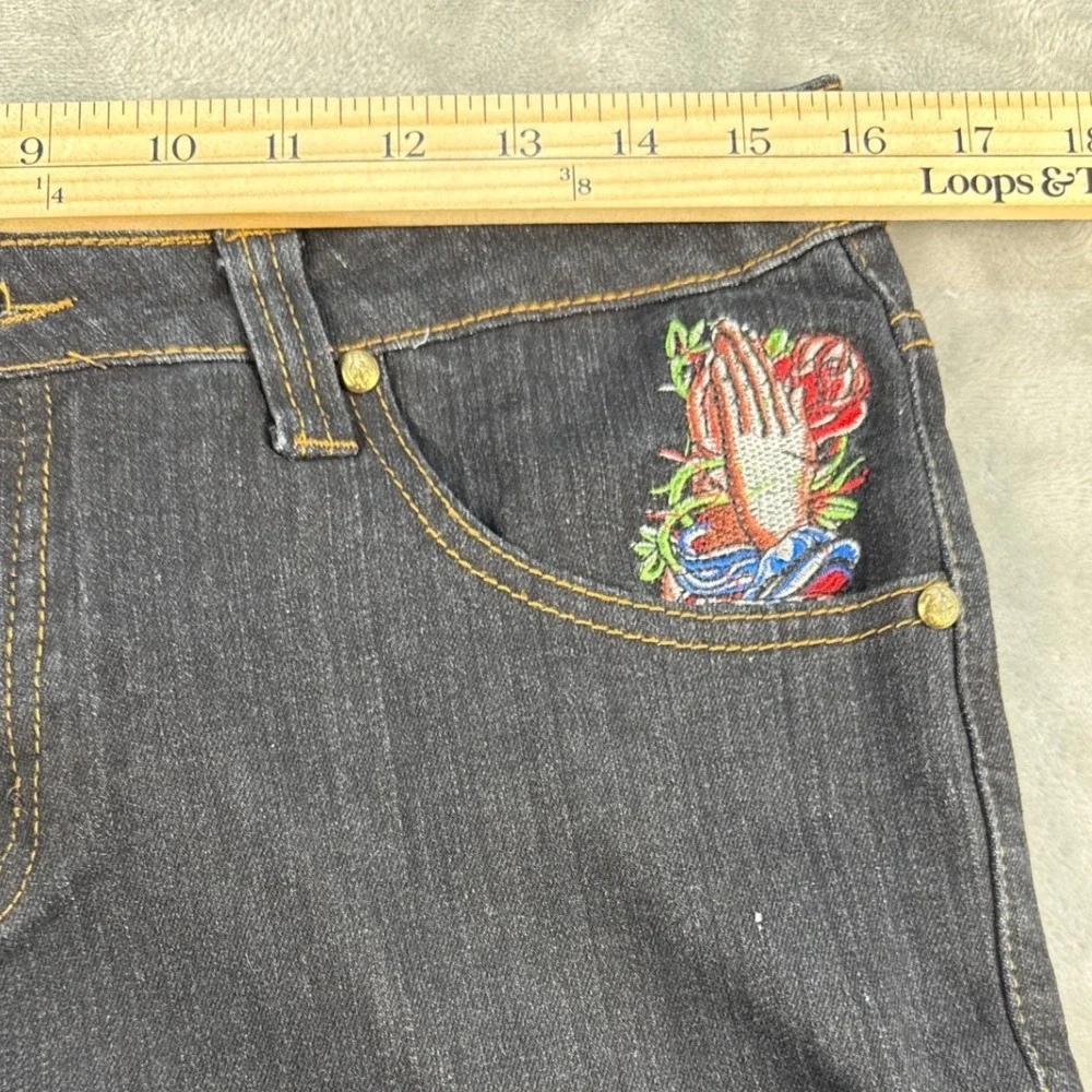 Christian Audigier Jeans Mens 31x34 Straight Dark Wash Embroidered Tattoo EUC
